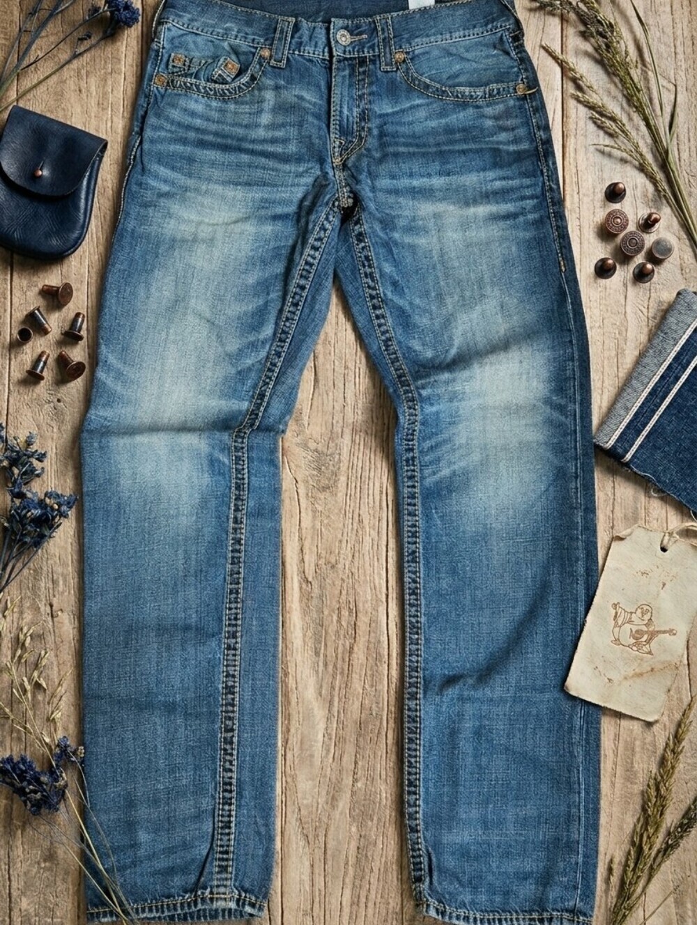 True Religion Skinny Jeans Men's Size 33 Blue Medium Wash Thick Stitching Denim